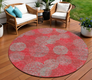 8' Red Gray And Silver Round Polka Dot Washable Indoor Outdoor Area Rug