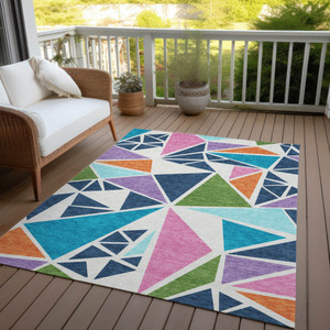 9' X 12' Dark Blue Green And Pink Geometric Washable Indoor Outdoor Area Rug
