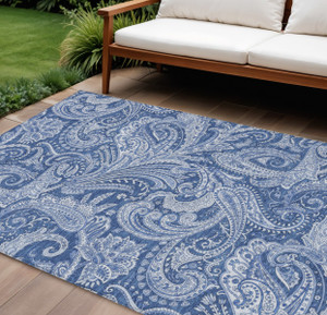 10' X 14' Navy Blue And Denim Blue Paisley Washable Indoor Outdoor Area Rug