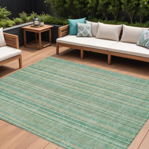 10' X 14' Aqua Beige And Teal Blue Striped Washable Indoor Outdoor Area Rug