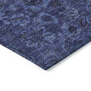 10' X 14' Navy Blue And Charcoal Floral Washable Indoor Outdoor Area Rug