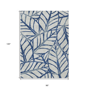 8' X 10' Navy Blue And Beige Floral Washable Indoor Outdoor Area Rug - 608219055738