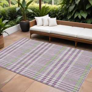 8' X 10' Purple Green And Ivory Plaid Washable Indoor Outdoor Area Rug