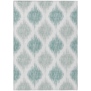 10' X 14' Aqua Teal Blue And Ivory Ikat Washable Indoor Outdoor Area Rug