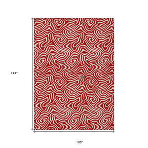 9' X 12' Red And Ivory Abstract Washable Indoor Outdoor Area Rug Transitional Style - Red, Ivory Color