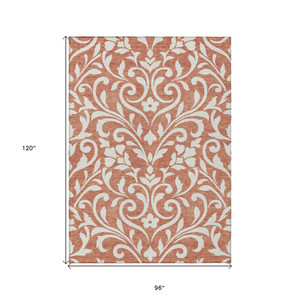 8' X 10' Salmon And Ivory Floral Washable Indoor Outdoor Area Rug