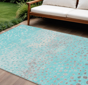 9' X 12' Aqua And Teal Blue Abstract Washable Indoor Outdoor Area Rug - Aqua, Teal Blue