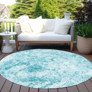 8' Round Teal Round Abstract Washable Non Skid Indoor Outdoor Area Rug Transitional Style - Teal Blue Color