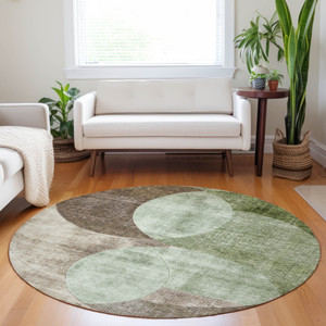 8' Artichoke Green Brown And Beige Round Geometric Washable Indoor Outdoor Area Rug