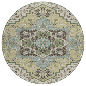 8' Beige Green And Brown Round Oriental Washable Indoor Outdoor Area Rug