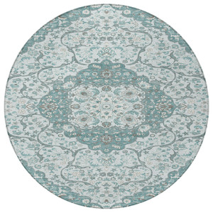 8' Teal Blue And Ivory Round Medallion Washable Indoor Outdoor Area Rug - 880016443288