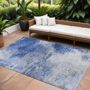 8' X 10' Denim Blue And Sky Blue Abstract Washable Indoor Outdoor Area Rug - Denim Blue, Sky Blue