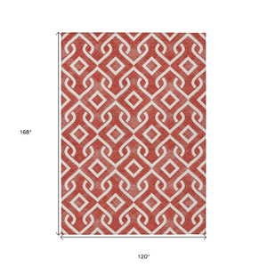 10' X 14' Red And Ivory Geometric Washable Indoor Outdoor Area Rug