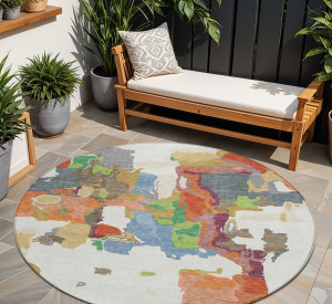 8' Ivory Pink And Green Round Abstract Washable Indoor Outdoor Area Rug