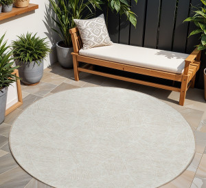 8' Ivory And Beige Round Floral Washable Indoor Outdoor Area Rug - 608219367657