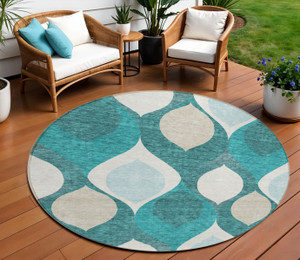 8' Teal Blue Sky Blue And Ivory Round Ogee Washable Indoor Outdoor Area Rug