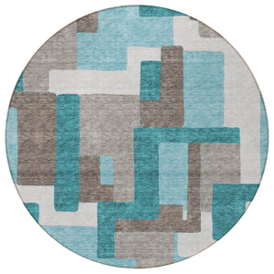 8' Teal Blue Aqua And Beige Round Abstract Washable Indoor Outdoor Area Rug