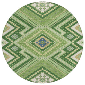 8' Green Ivory And Beige Round Tribal Washable Indoor Outdoor Area Rug