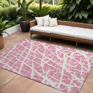 8' X 10' Pink and Ivory Abstract Washable Non Skid Indoor Outdoor Area Rug