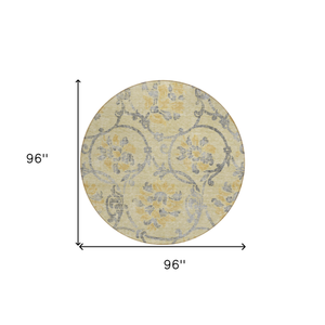 8' Gold Gray And Charcoal Round Floral Washable Indoor Outdoor Area Rug