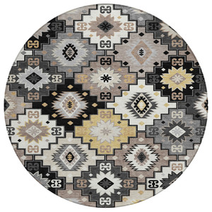 8' Black Wheat And Gray Round Southwestern Washable Indoor Outdoor Area Rug