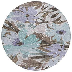 8' Taupe And Lilac Round Floral Washable Indoor Outdoor Area Rug