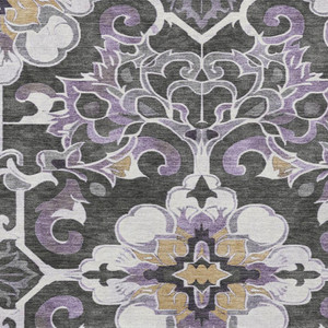 9' X 12' Purple And Charcoal Damask Washable Indoor Outdoor Area Rug