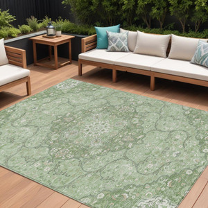 8' X 10' Artichoke Green And Ivory Medallion Washable Indoor Outdoor Area Rug - Artichoke Green, Ivory
