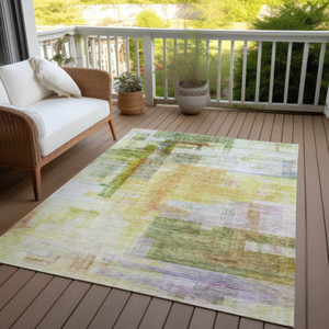 9' X 12' Green Yellow And Purple Abstract Washable Indoor Outdoor Area Rug