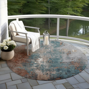 8' Rust And Teal Blue Round Abstract Washable Indoor Outdoor Area Rug