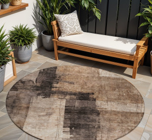 8' Brown Black And Tan Round Abstract Washable Indoor Outdoor Area Rug