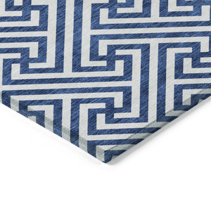 8' X 10' Blue And Ivory Geometric Washable Indoor Outdoor Area Rug Transitional Style - Blue, Ivory Color