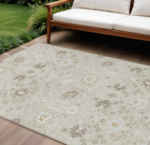 10' X 14' Beige Brown And Green Oriental Washable Indoor Outdoor Area Rug