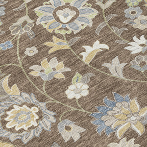 8' X 10' Chocolate Beige And Blue Floral Washable Indoor Outdoor Area Rug