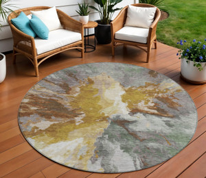 8' Gold And Gray Round Abstract Washable Indoor Outdoor Area Rug - Gold, Gray