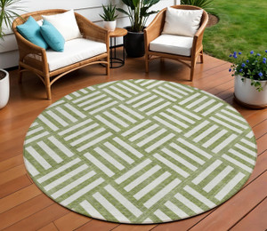 8' Olive Green And Ivory Round Geometric Washable Indoor Outdoor Area Rug