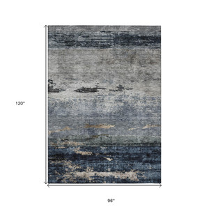 8' X 10' Navy Blue Gray And Black Abstract Washable Indoor Outdoor Area Rug