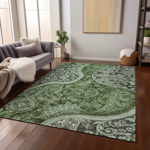 10' X 14' Olive Green Charcoal And Gray Floral Medallion Washable Indoor Outdoor Area Rug