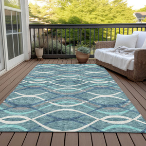 10' X 14' Teal Blue Navy Blue And Gray Abstract Washable Indoor Outdoor Area Rug - Teal Blue, Navy Blue, Gray