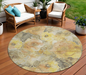 8' Gold And Gray Round Floral Washable Indoor Outdoor Area Rug - Gold, Gray