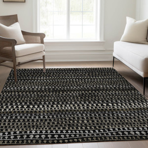 9' X 12' Taupe Charcoal And Gray Striped Washable Indoor Outdoor Area Rug