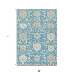 8' X 10' Teal Blue Gray And Ivory Damask Washable Indoor Outdoor Area Rug