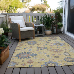 8' X 10' Gold Brown And Blue Floral Washable Indoor Outdoor Area Rug