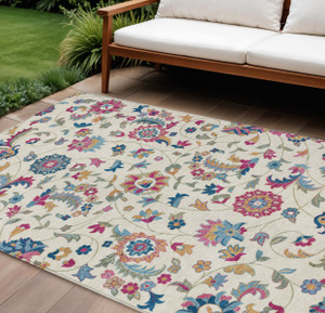 9' X 12' Linen Pink And Denim Blue Floral Washable Indoor Outdoor Area Rug