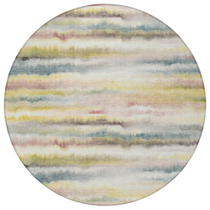 8' Gold Gray And Ivory Round Striped Washable Indoor Outdoor Area Rug - Gold, Gray, Ivory
