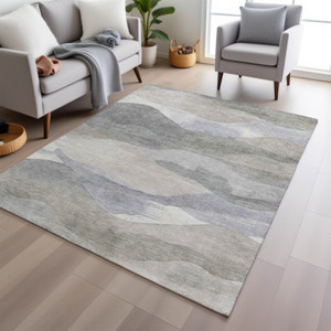 9' X 12' Beige And Gray Abstract Washable Indoor Outdoor Area Rug - Beige, Gray