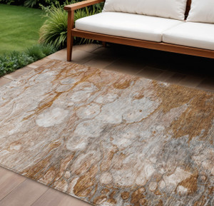 9' X 12' Terra Cotta Gray And Silver Abstract Washable Indoor Outdoor Area Rug