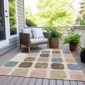 9' X 12' Linen Ivory And Denim Blue Geometric Washable Indoor Outdoor Area Rug