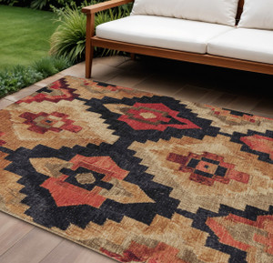 9' X 12' Rust And Charcoal Aztec Washable Indoor Outdoor Area Rug