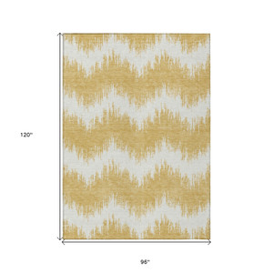 8' X 10' Gold And Ivory Chevron Washable Indoor Outdoor Area Rug